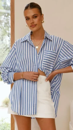 Zoah Long Sleeve Button Up Shirt - Blue/White Stripe