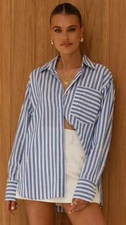 Zoah Long Sleeve Button Up Shirt - Blue/White Stripe