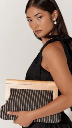 Zoey Thin Stripe Timber Frame Clutch - Black