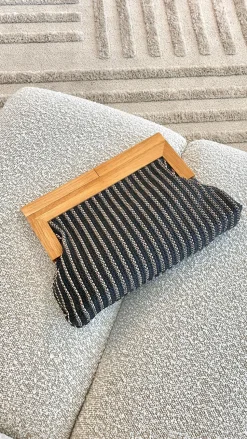 Zoey Thin Stripe Timber Frame Clutch - Black